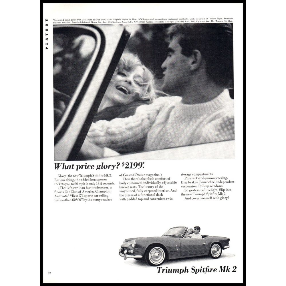 1965 Triumph Spitfire Mk 2 Convertible Roadster Vintage Print Ad Blonde Wall Art